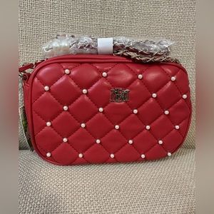Badgley Mischka Diamond Quilted Camera Bag Pearl Studded Silver Chain Crossbody